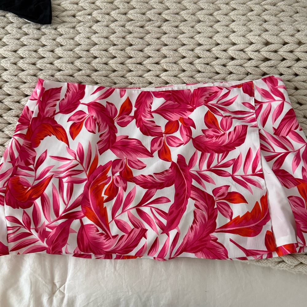 Pink and Red Leaf Print Low Rise Mini Skirt